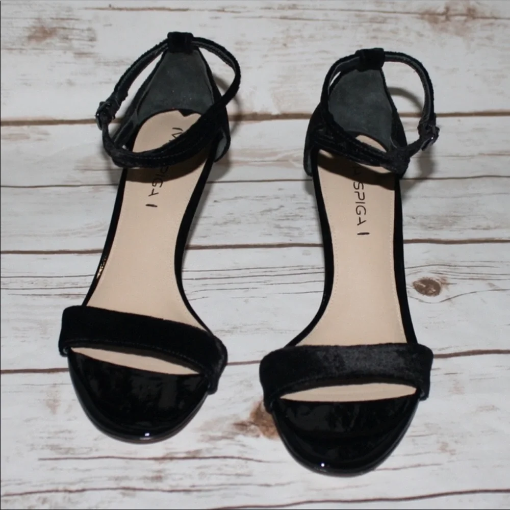 Via Spiga Black Velvet Ankle Strap Mid Heel Sandal - Picture 2 of 6